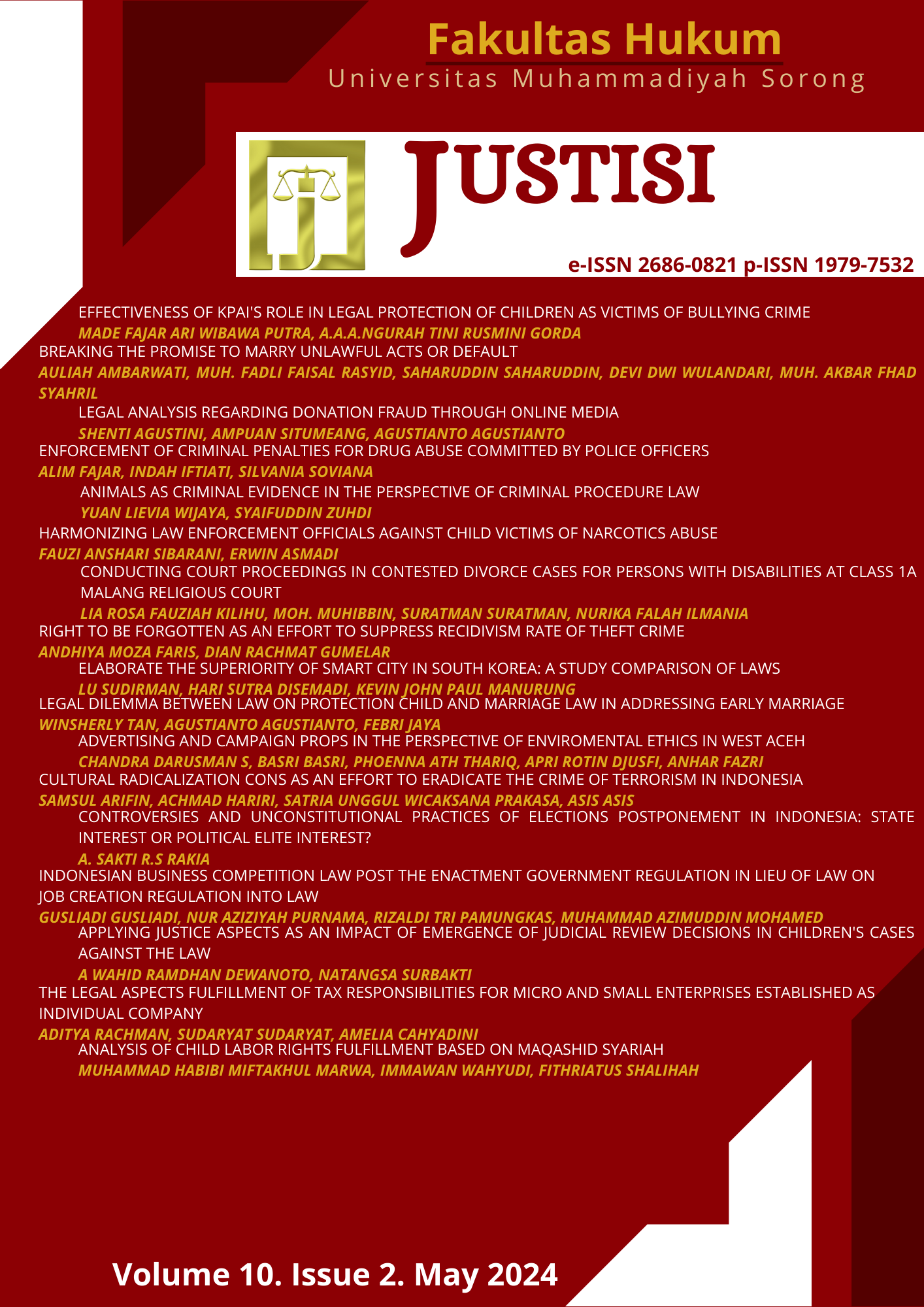 					View Vol. 10 No. 2 (2024): JUSTISI: Journal of Law (on process)
				