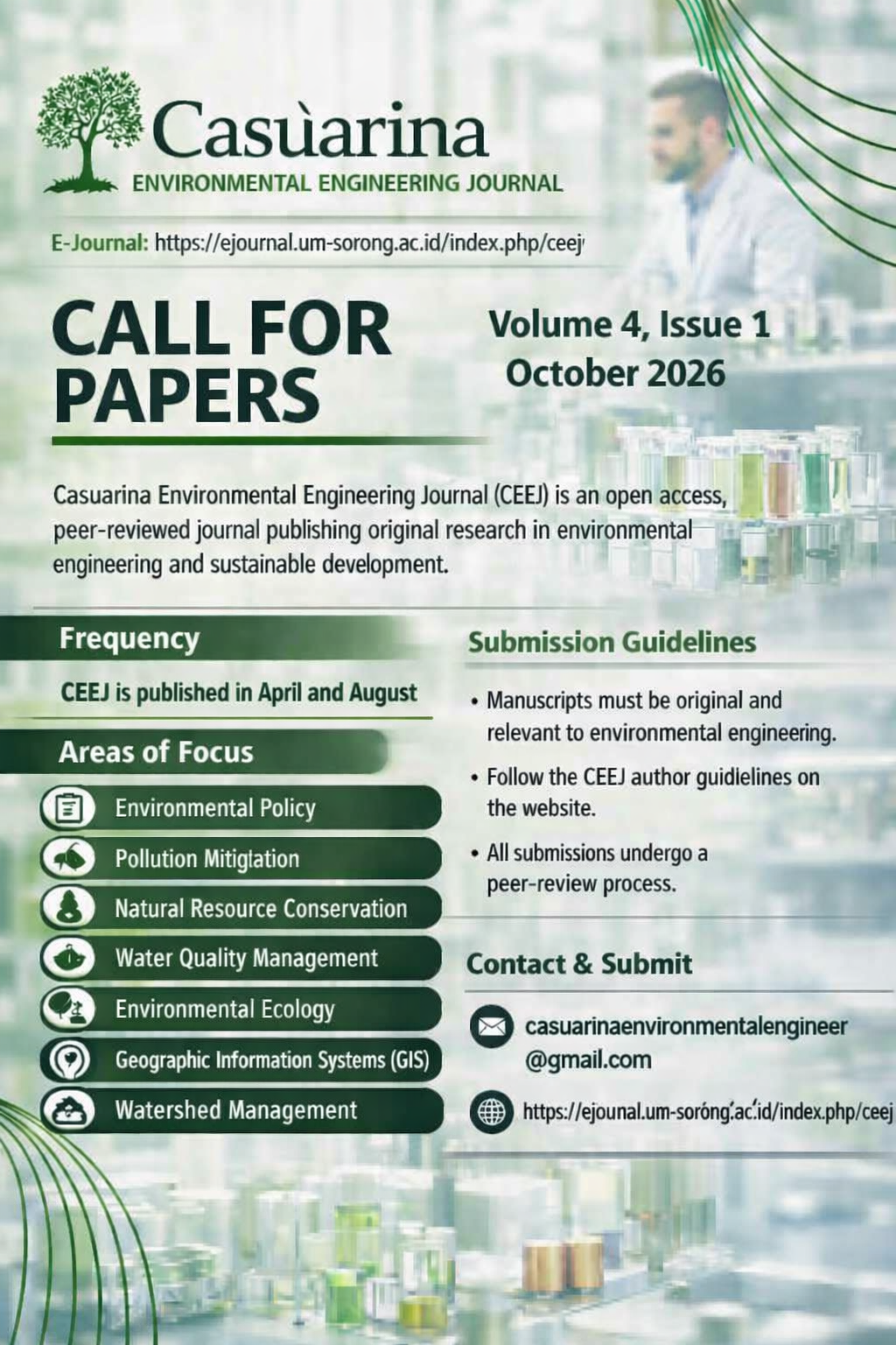 Call For Paper  Casuarina Environmental Engineering Journal (CEEJ) E-ISSN: 3031-2744 DOI Prefix: 10.55927/ceej Volume 04 Issue 01 (Oct 2026)  https://ejournal.um-sorong.ac.id/index.php/ceej